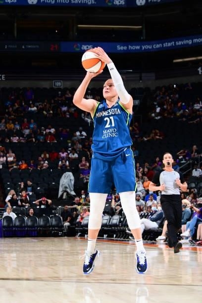 Kayla McBride of the Minnesota Lynx shoots a 3-pointer during the game against the Phoenix Mercury on June 30, 2021 at Phoenix Suns Arena in Phoenix,...