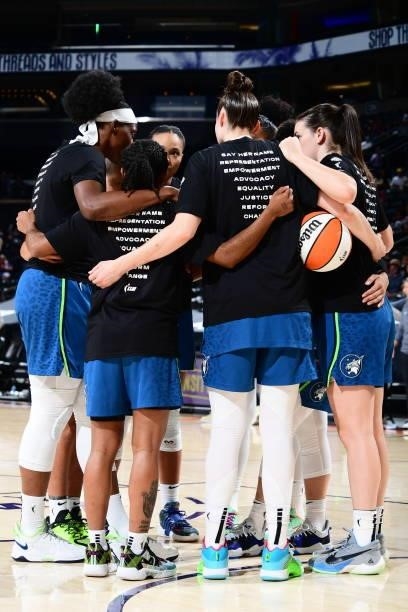 The Minnesota Lynx huddle up before the game against the Phoenix Mercury on June 30, 2021 at Phoenix Suns Arena in Phoenix, Arizona. NOTE TO USER:...