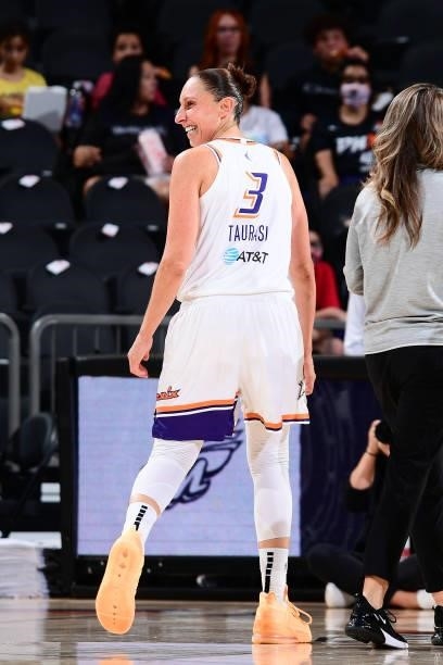 Diana Taurasi of the Phoenix Mercury smiles during the game against the Minnesota Lynx on June 30, 2021 at Phoenix Suns Arena in Phoenix, Arizona....