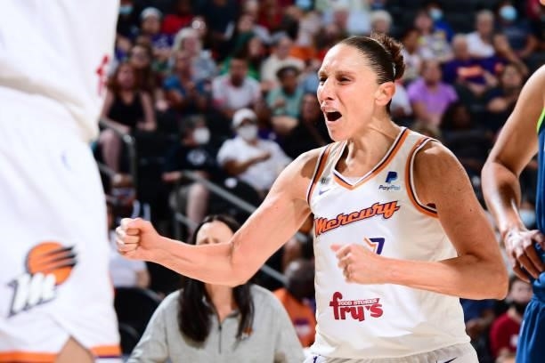 Diana Taurasi of the Phoenix Mercury reacts to a play during the game against the Minnesota Lynx on June 30, 2021 at Phoenix Suns Arena in Phoenix,...
