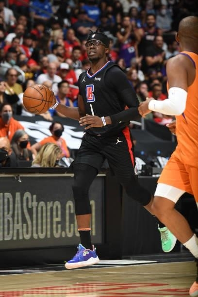 Reggie Jackson of the LA Clippers dribbles the ball against the Phoenix Suns during Game 6 of the Western Conference Finals of the 2021 NBA Playoffs...