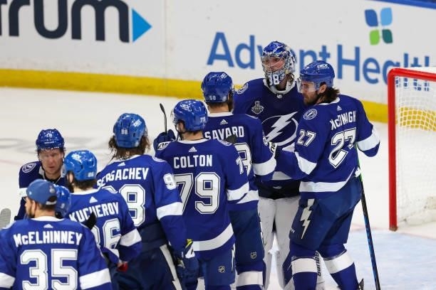Goalie Andrei Vasilevskiy and the Tampa Bay Lightning celebrate the win against the Montreal Canadiens after Game Two of the Stanley Cup Final of the...