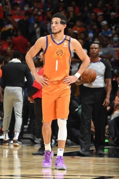 Devin Booker of the Phoenix Suns looks on during Game 6 of the Western Conference Finals of the 2021 NBA Playoffs on June 30, 2021 at STAPLES Center...