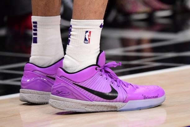 The sneakers of Devin Booker of the Phoenix Suns during Game 6 of the Western Conference Finals of the 2021 NBA Playoffs on June 30, 2021 at STAPLES...