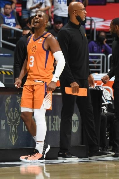 Chris Paul of the Phoenix Suns celebrates during Game 6 of the Western Conference Finals of the 2021 NBA Playoffs on June 30, 2021 at STAPLES Center...