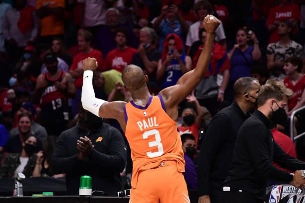 Chris Paul of the Phoenix Suns celebrates during Game 6 of the Western Conference Finals of the 2021 NBA Playoffs on June 30, 2021 at STAPLES Center...