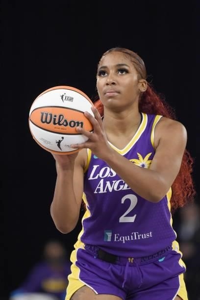 Te'a Cooper of the Los Angeles Sparks shoots a free throw against the Las Vegas Aces on June 30, 2021 at the Los Angeles Convention Center in Los...