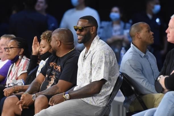 LeBron James of the Los Angeles Lakers attends the game between the Las Vegas Aces and the Los Angeles Sparks on June 30, 2021 at the Los Angeles...