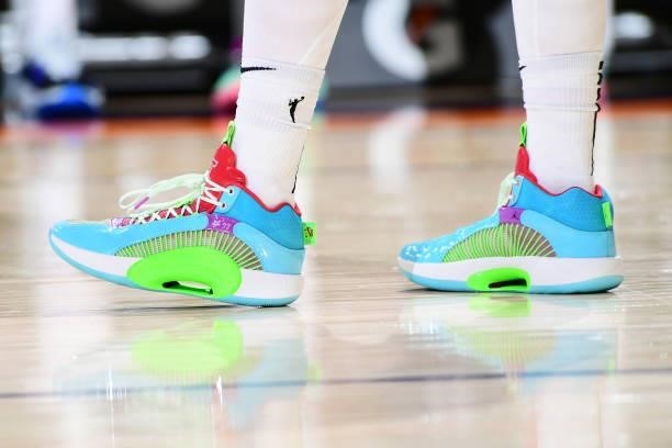 The sneakers worn by Jessica Shepard of the Minnesota Lynx during the game against the Phoenix Mercury on June 30, 2021 at Phoenix Suns Arena in...