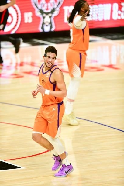 Devin Booker of the Phoenix Suns smiles during the game against the LA Clippers during Game 6 of the Western Conference Finals of the 2021 NBA...