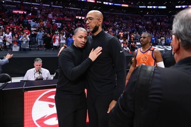 Head Coach Tyronn Lue of the Los Angeles Clippers and Head Coach Monty Williams of the Phoenix Suns talk after the game during Game 6 of the Western...