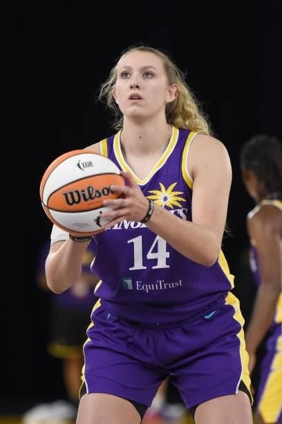 Lauren Cox of the Los Angeles Sparks shoots a free throw during the game against the Las Vegas Aces on June 30, 2021 at the Los Angeles Convention...