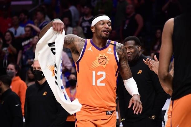 Torrey Craig of the Phoenix Suns celebrates during Game 6 of the Western Conference Finals of the 2021 NBA Playoffs on June 30, 2021 at STAPLES...