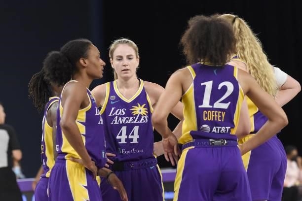 The Los Angeles Sparks huddle up during the game against the Las Vegas Aces on June 30, 2021 at the Los Angeles Convention Center in Los Angeles,...