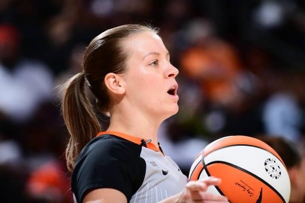 Referee, Dannica Mosher calls out during the game between the Minnesota Lynx and the Phoenix Mercury on June 30, 2021 at Phoenix Suns Arena in...