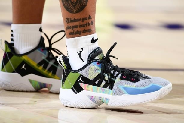 The sneakers worn by Crystal Dangerfield of the Minnesota Lynx during the game against the Phoenix Mercury on June 30, 2021 at Phoenix Suns Arena in...