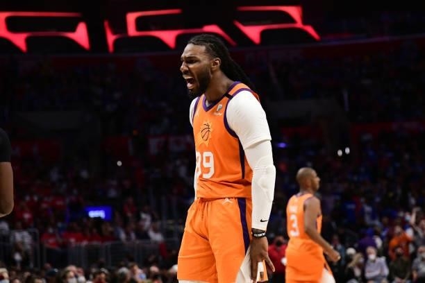 Jae Crowder of the Phoenix Suns celebrates during Game 6 of the Western Conference Finals of the 2021 NBA Playoffs on June 30, 2021 at STAPLES Center...