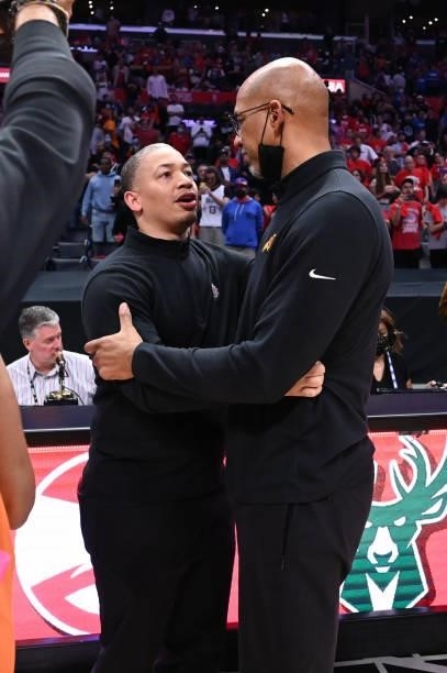 Head Coach Tyronn Lue of the Los Angeles Clippers and Head Coach Monty Williams of the Phoenix Suns talk after the game during Game 6 of the Western...