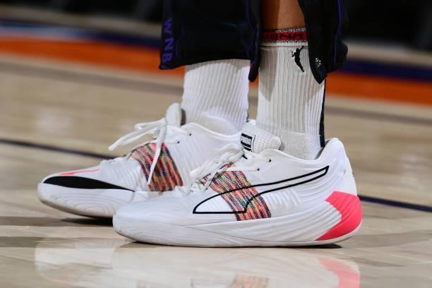 The sneakers worn by Skylar Diggins-Smith of the Phoenix Mercury during the game against the Minnesota Lynx on June 30, 2021 at Phoenix Suns Arena in...