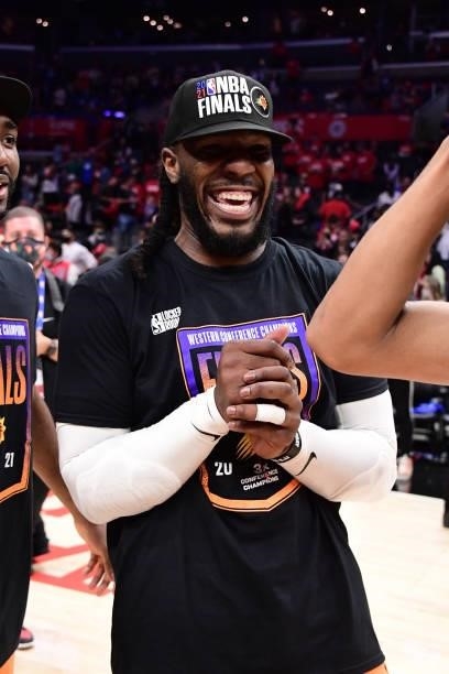 Jae Crowder of the Phoenix Suns celebrates during Game 6 of the Western Conference Finals of the 2021 NBA Playoffs on June 30, 2021 at STAPLES Center...