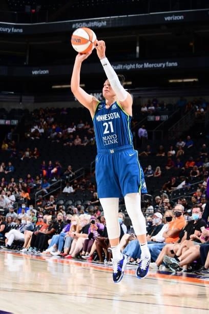 Kayla McBride of the Minnesota Lynx shoots a 3-pointer against the Phoenix Mercury on June 30, 2021 at Phoenix Suns Arena in Phoenix, Arizona. NOTE...