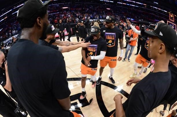 The Phoenix Suns celebrates winning the Western Conference Finals of the 2021 NBA Playoffs on June 30, 2021 at STAPLES Center in Los Angeles,...