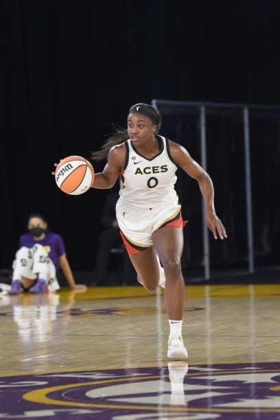 Jackie Young of the Las Vegas Aces dribbles the ball against the Los Angeles Sparks on June 30, 2021 at the Los Angeles Convention Center in Los...