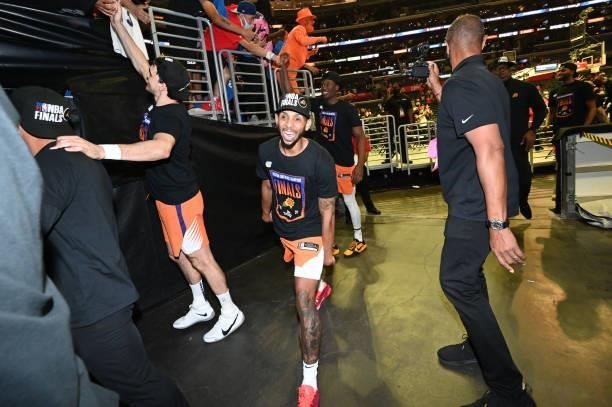 Cameron Payne of the Phoenix Suns celebrates after winning the Western Conference Finals of the 2021 NBA Playoffs on June 30, 2021 at STAPLES Center...