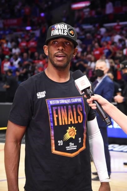 Chris Paul of the Phoenix Suns interviews after winning the Western Conference Finals of the 2021 NBA Playoffs on June 30, 2021 at STAPLES Center in...