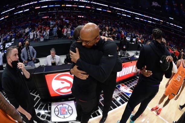 Head Coach Monty Williams of the Phoenix Suns hugs Head Coach Tyronn Lue of the Los Angeles Clippers after Game 6 of the Western Conference Finals of...