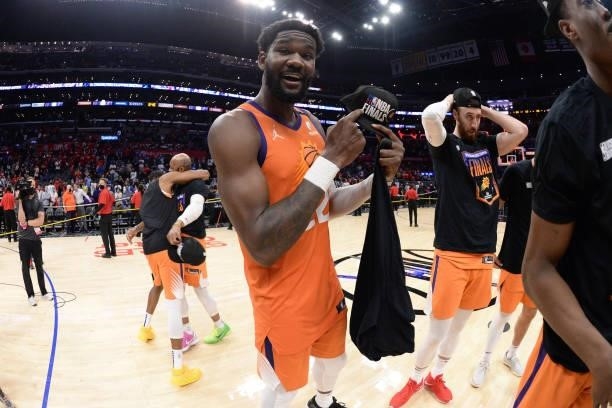 Deandre Ayton of the Phoenix Suns celebrates winning the Western Conference Finals of the 2021 NBA Playoffs on June 30, 2021 at STAPLES Center in Los...