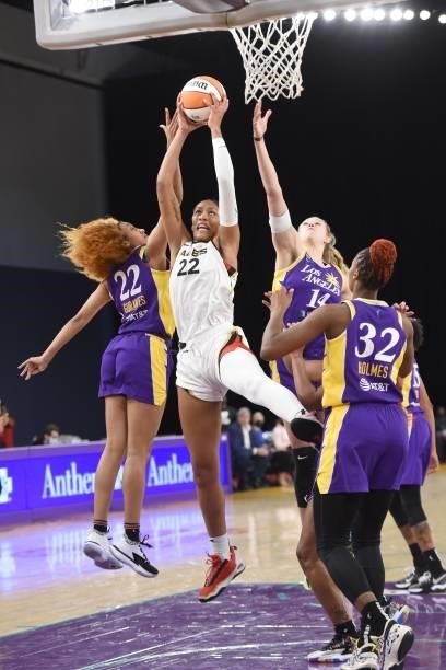 Ja Wilson of the Las Vegas Aces drives to the basket against the Los Angeles Sparks on June 30, 2021 at the Los Angeles Convention Center in Los...