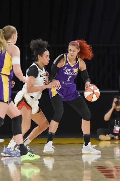 Dearica Hamby of the Las Vegas Aces plays defense on Amanda Zahui B of the Los Angeles Sparks on June 30, 2021 at the Los Angeles Convention Center...