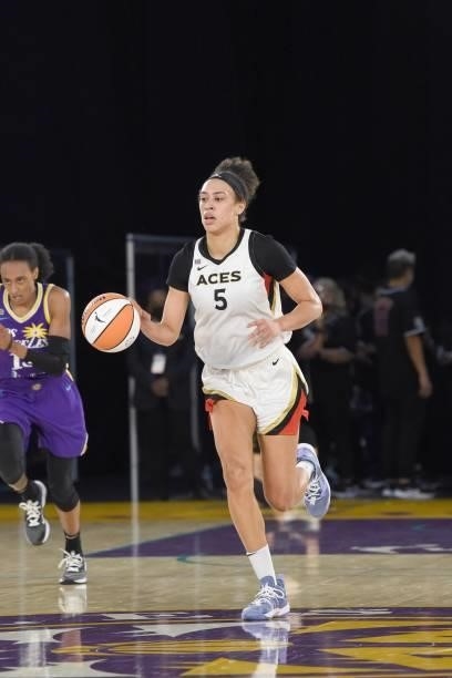 Dearica Hamby of the Las Vegas Aces dribbles the ball against the Los Angeles Sparks on June 30, 2021 at the Los Angeles Convention Center in Los...