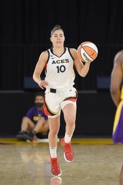 Kelsey Plum of the Las Vegas Aces dribbles the ball against the Los Angeles Sparks on June 30, 2021 at the Los Angeles Convention Center in Los...