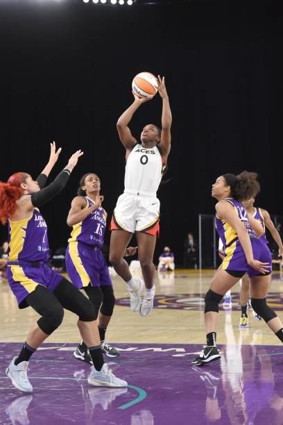 Jackie Young of the Las Vegas Aces shoots the ball against the Los Angeles Sparks on June 30, 2021 at the Los Angeles Convention Center in Los...