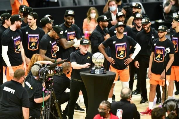 Owner, Robert Sarver of the Phoenix Suns holds the Western Conference Finals Trophy after the game against the LA Clippers during Game 6 of the...