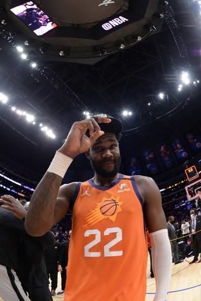 Deandre Ayton of the Phoenix Suns smiles after winning the Western Conference Finals of the 2021 NBA Playoffs on June 30, 2021 at STAPLES Center in...