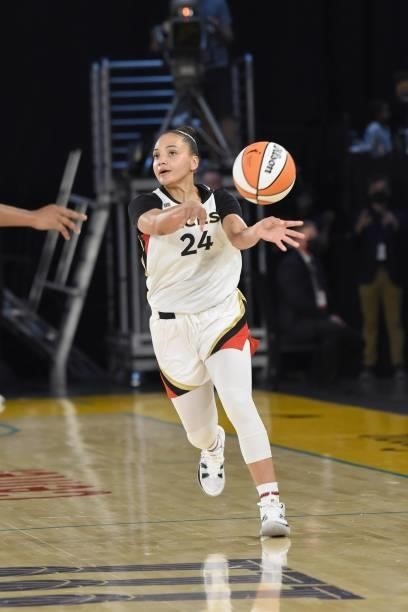 Destiny Slocum of the Las Vegas Aces passes the ball during the game against the Los Angeles Sparks on June 30, 2021 at the Los Angeles Convention...