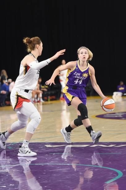 Karlie Samuelson of the Los Angeles Sparks dribbles the ball against the Las Vegas Aces on June 30, 2021 at the Los Angeles Convention Center in Los...