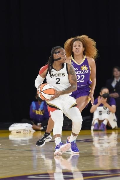 Riquna Williams of the Las Vegas Aces handles the ball against the Los Angeles Sparks on June 30, 2021 at the Los Angeles Convention Center in Los...