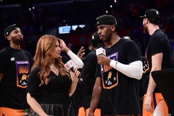 Chris Paul of the Phoenix Suns is interviewed with ESPN sideline reporter, Rachel Nichols after the game during Game 6 of the Western Conference...