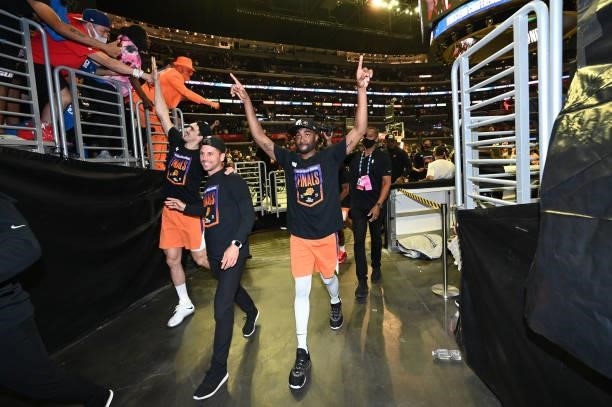 Twaun Moore of the Phoenix Suns leaves the arena after winning the Western Conference Finals of the 2021 NBA Playoffs on June 30, 2021 at STAPLES...