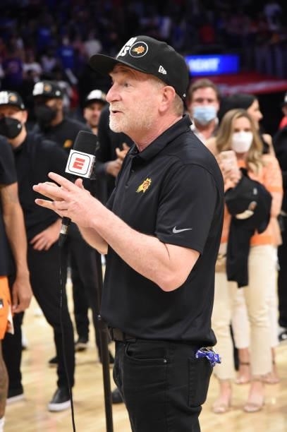 Owner, Robert Sarver of the Phoenix Suns interviews after Game 6 of the Western Conference Finals of the 2021 NBA Playoffs on June 30, 2021 at...