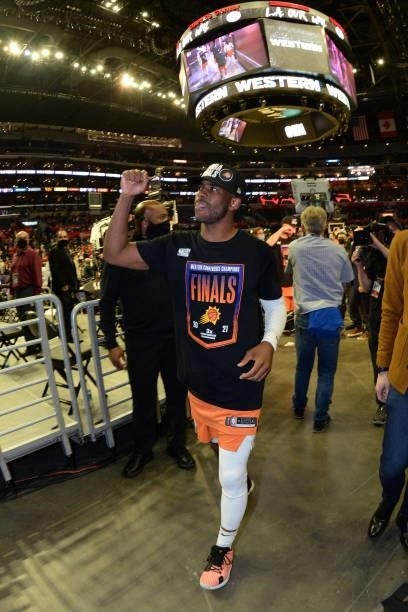 Chris Paul of the Phoenix Suns celebrates winning the Western Conference Finals of the 2021 NBA Playoffs on June 30, 2021 at STAPLES Center in Los...