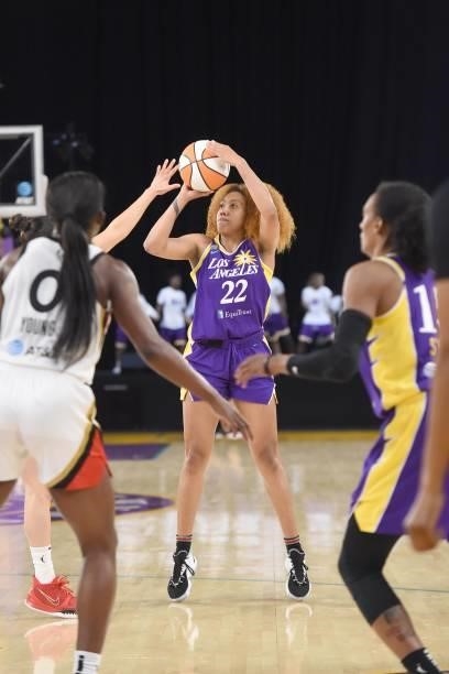 Arella Guirantes of the Los Angeles Sparks shoots the ball against the Las Vegas Aces on June 30, 2021 at the Los Angeles Convention Center in Los...
