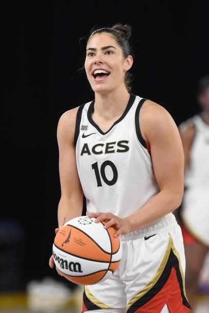 Kelsey Plum of the Las Vegas Aces smiles during the game against the Los Angeles Sparks on June 30, 2021 at the Los Angeles Convention Center in Los...