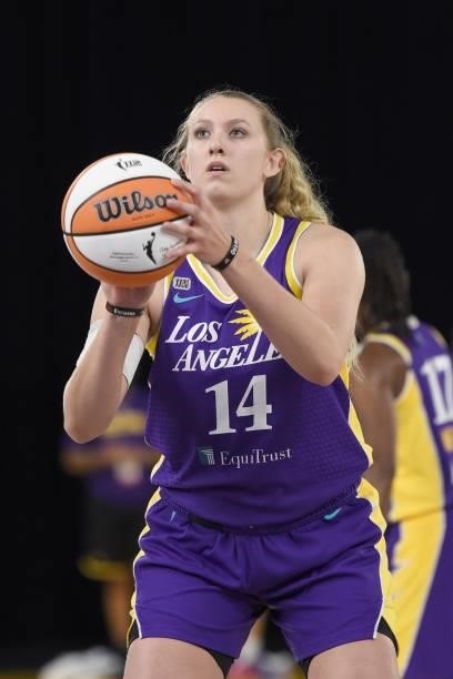 Lauren Cox of the Los Angeles Sparks shoots a free throw against the Las Vegas Aces on June 30, 2021 at the Los Angeles Convention Center in Los...