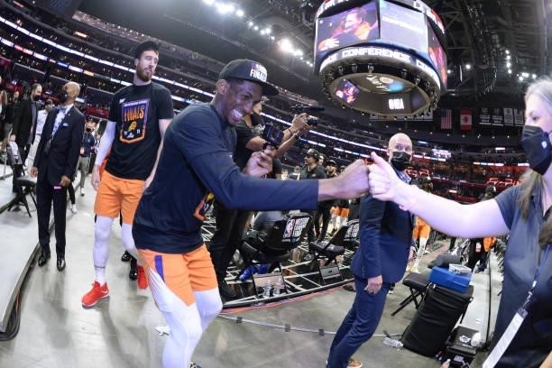 Langston Galloway of the Phoenix Suns celebrates winning the Western Conference Finals of the 2021 NBA Playoffs on June 30, 2021 at STAPLES Center in...