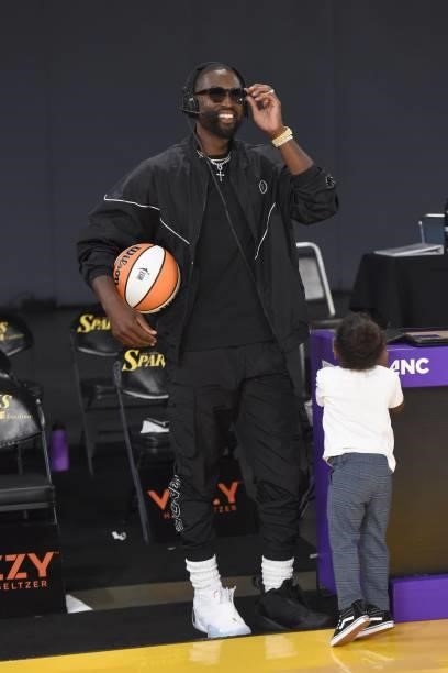 Former NBA player Dwyane Wade attends the game between the Las Vegas Aces and the Los Angeles Sparks on June 30, 2021 at the Los Angeles Convention...